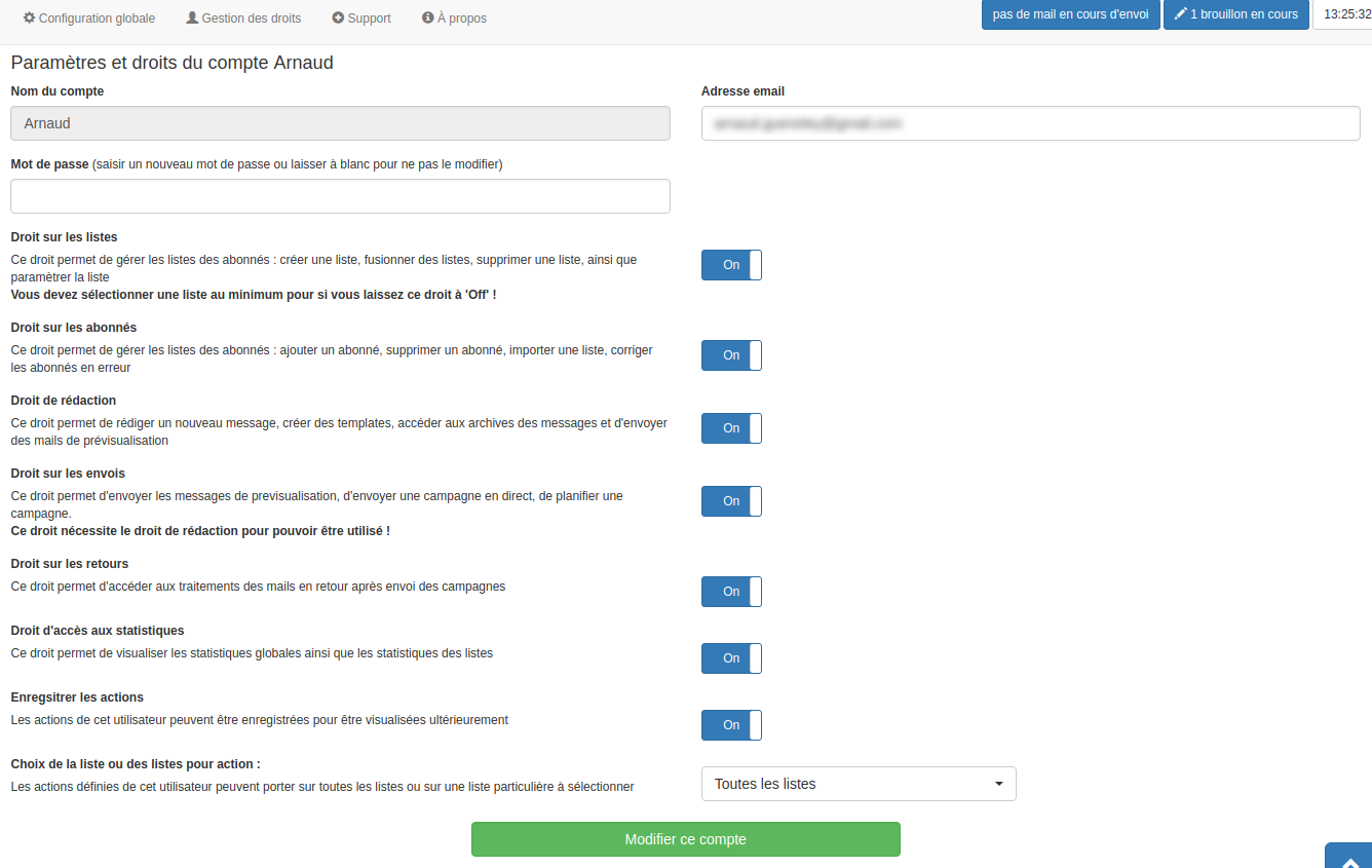 Gestion des utilisateurs de Phpmynewsletter, détail de la gestion des droits