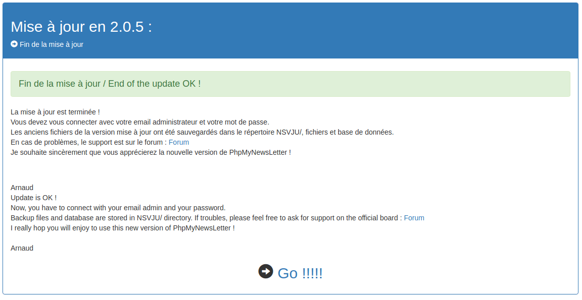 fin de mise à jour de phpmynewsletter